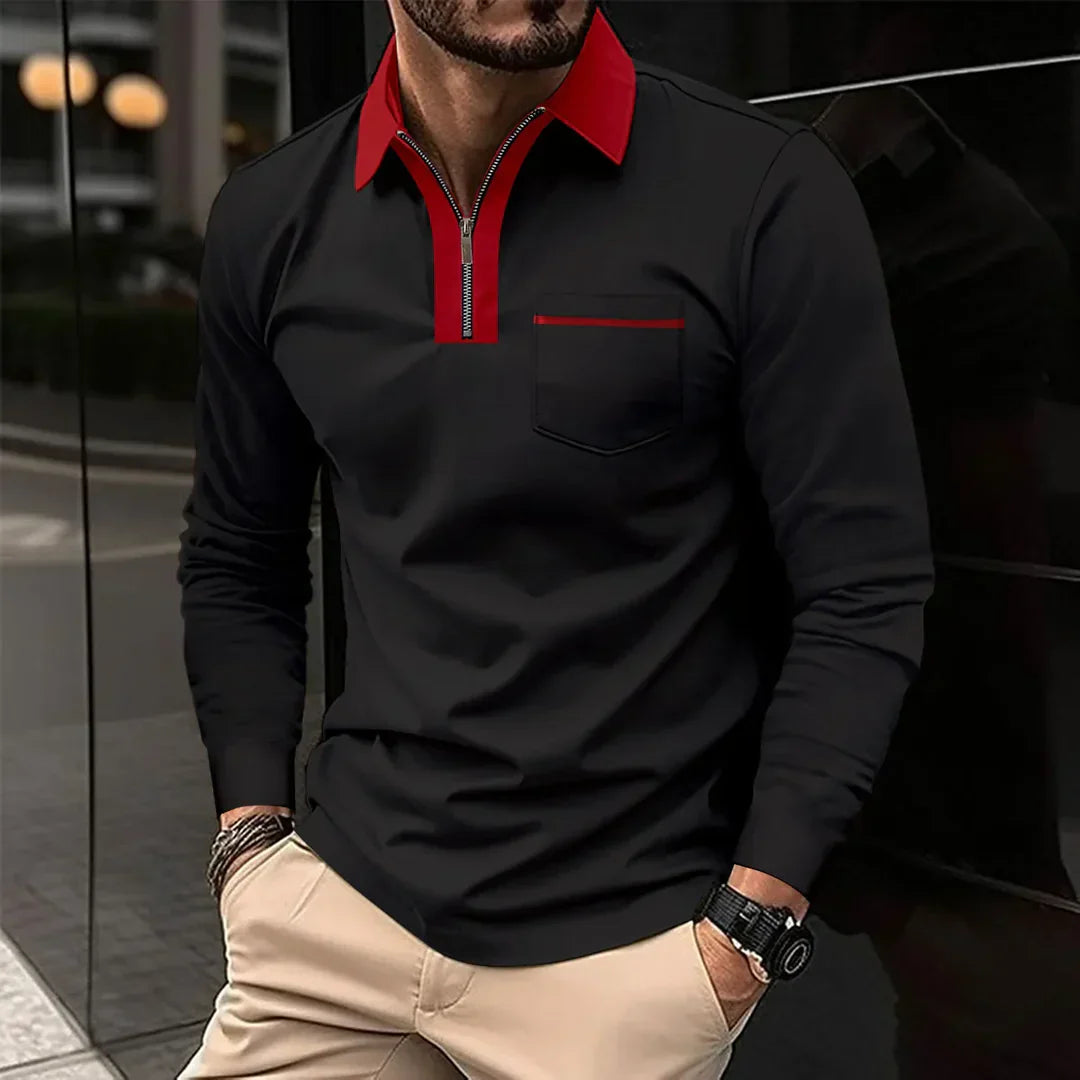 Herren Poloshirt Langarm Kontrastkragen Reißverschluss