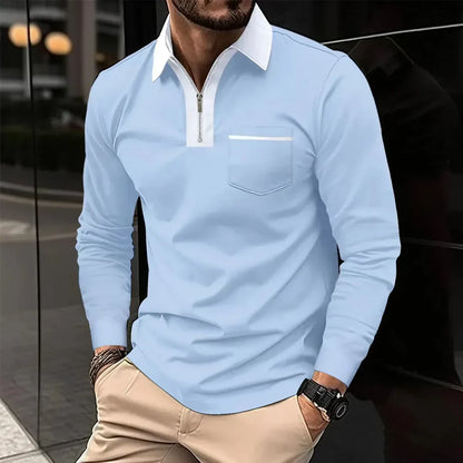 Herren Poloshirt Langarm Kontrastkragen Reißverschluss