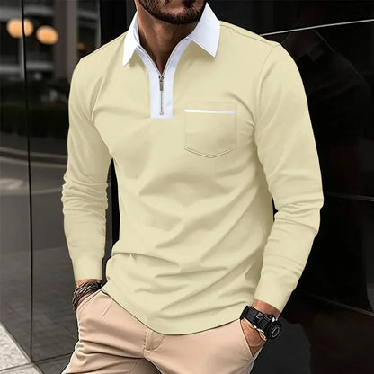 Herren Poloshirt Langarm Kontrastkragen Reißverschluss