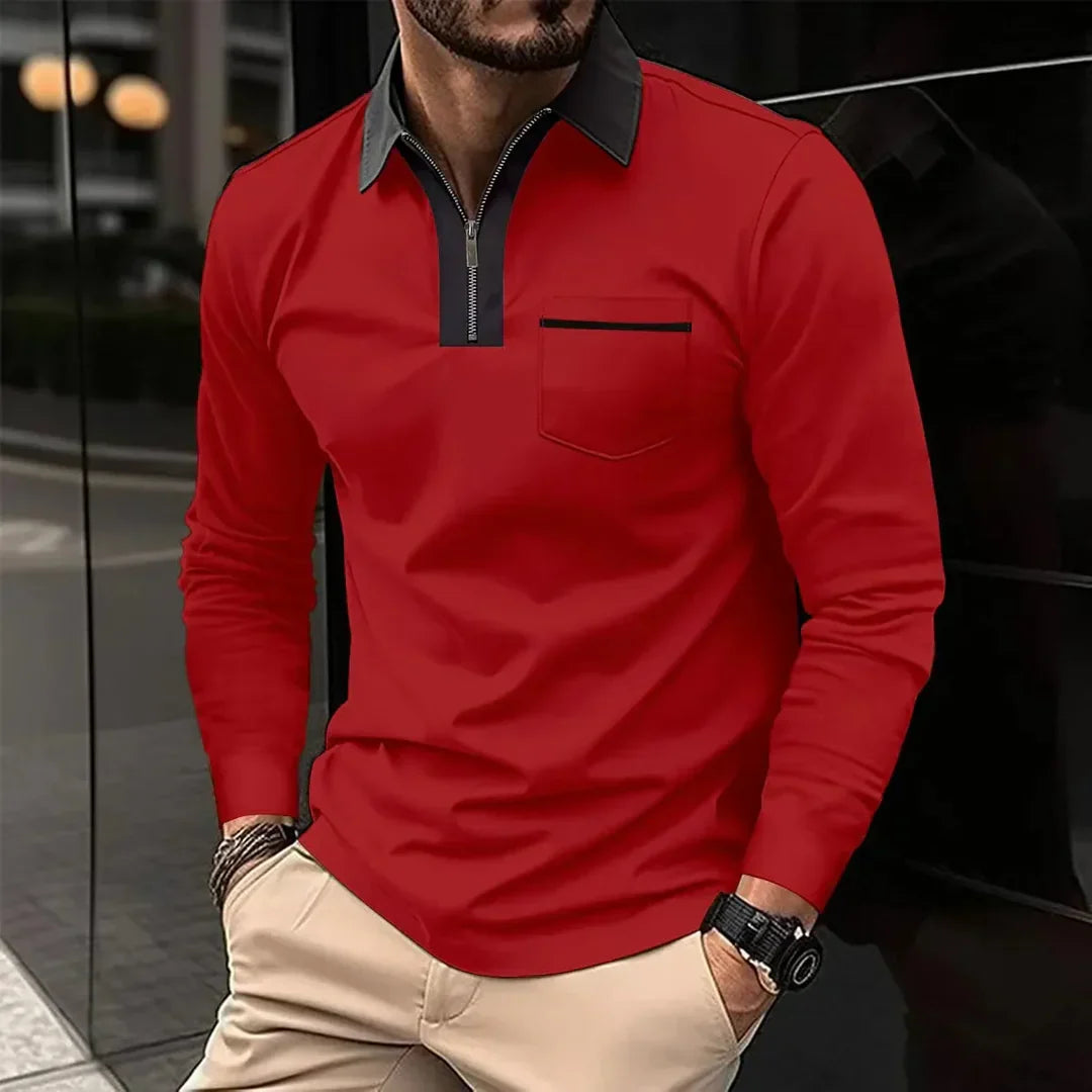 Herren Poloshirt Langarm Kontrastkragen Reißverschluss