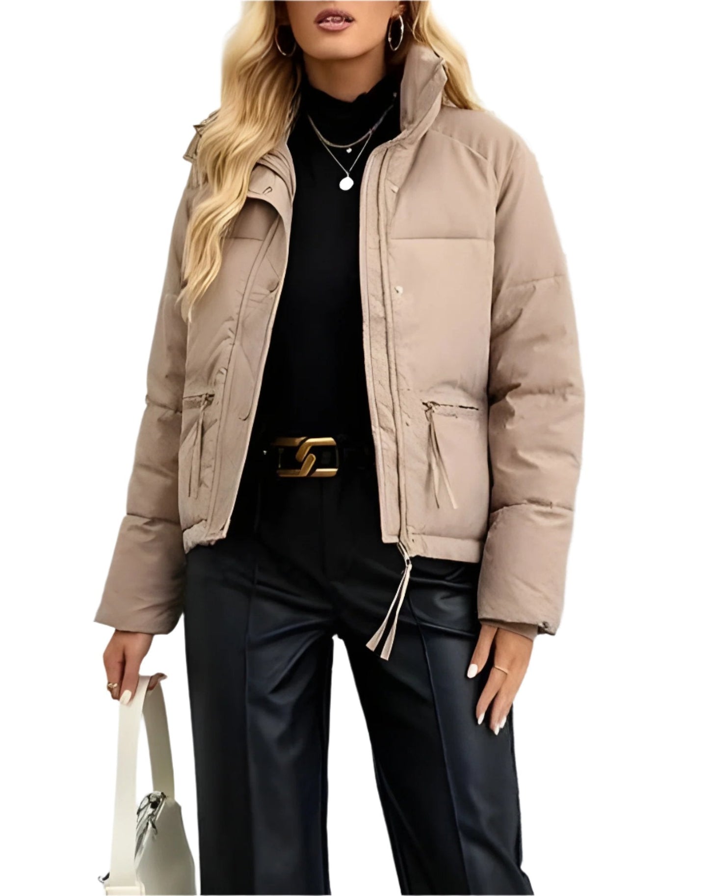 Warme Damen Pufferjacke mit Reißverschluss und Hohem Kragen → Damen Winterjacke Warm Isoliert Modern