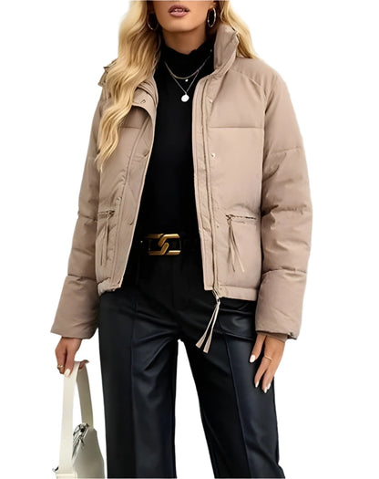 Warme Damen Pufferjacke mit Reißverschluss und Hohem Kragen → Damen Winterjacke Warm Isoliert Modern