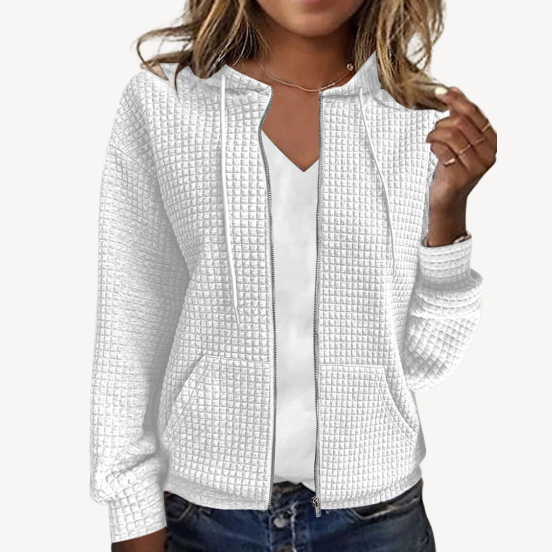 Damen Waffelstrick Kapuzenjacke Mit Reißverschluss