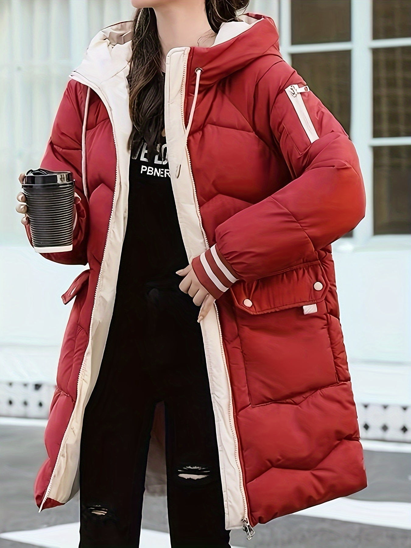 Warme Steppjacke Damen Kapuze Reißverschluss