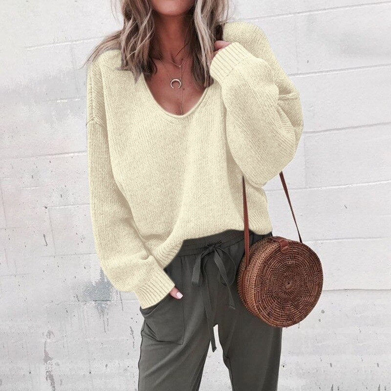 Damen Pullover Herbst Bequem V-Ausschnitt