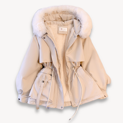 Elegante Parka Jacke Kunstfell Verstellbarer Bund Hüftlänge