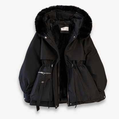 Elegante Parka Jacke Kunstfell Verstellbarer Bund Hüftlänge