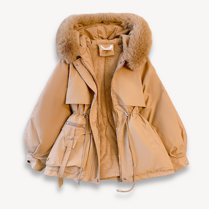 Elegante Parka Jacke Kunstfell Verstellbarer Bund Hüftlänge