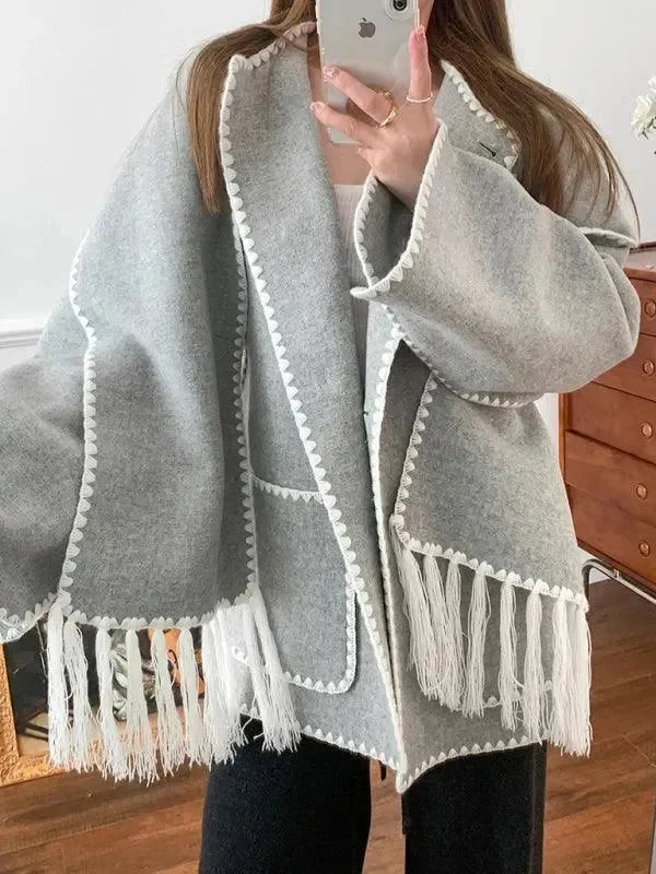Damen Wollschal Mantel Elegant Lang
