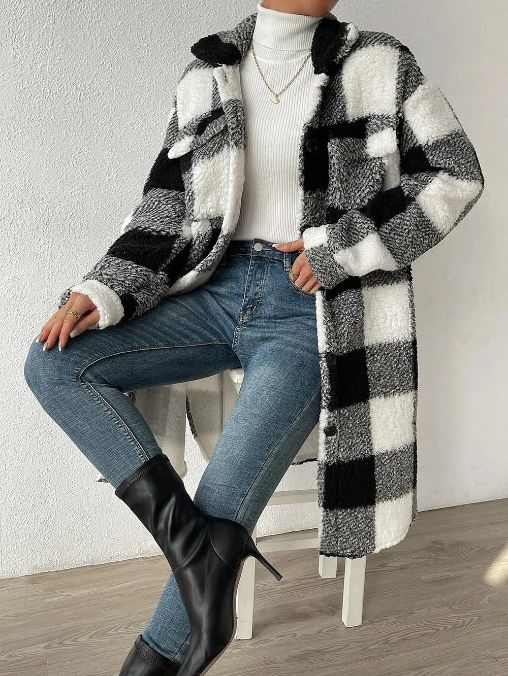 Karierte Strickjacke Damen Lang