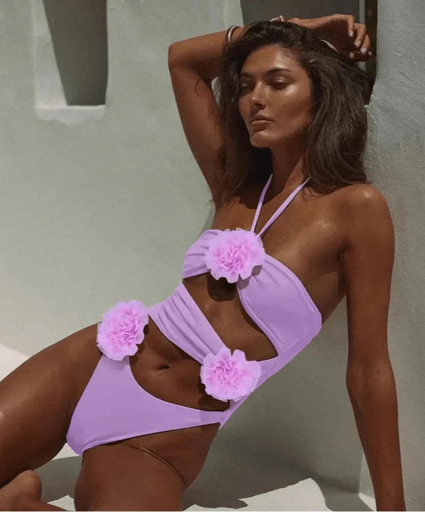 Zara Badeanzug Damen mit Ausschnitt 3D Blüten Design